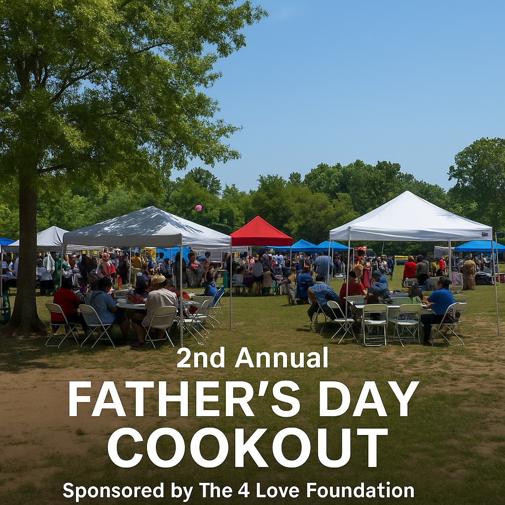 Families gather under shaded tents at Stoneledge Park in Duncan, SC for The 4 Love Foundation’s 2nd Annual Father’s Day Cookout, enjoying food, music, and community activities on a sunny summer day.